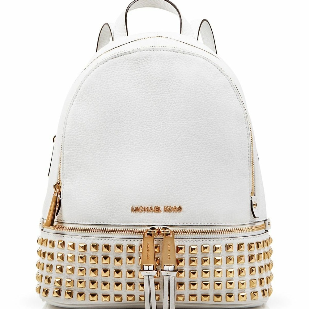 MICHAEL Michael Kors Rhea Small Studded Leather Backpack, Optic White
